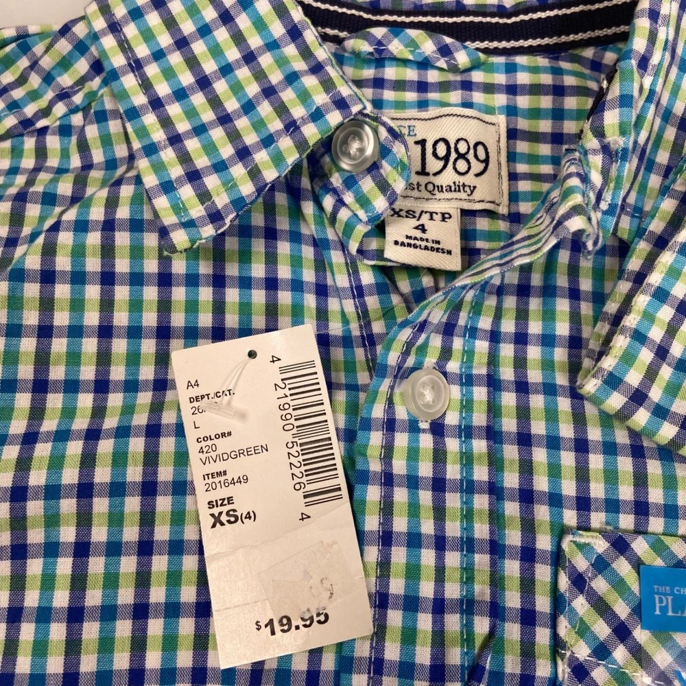 The Childrens Place Boy XS 4 Multicolor Plaid Gingham Button Down Shirts NWT 2pk